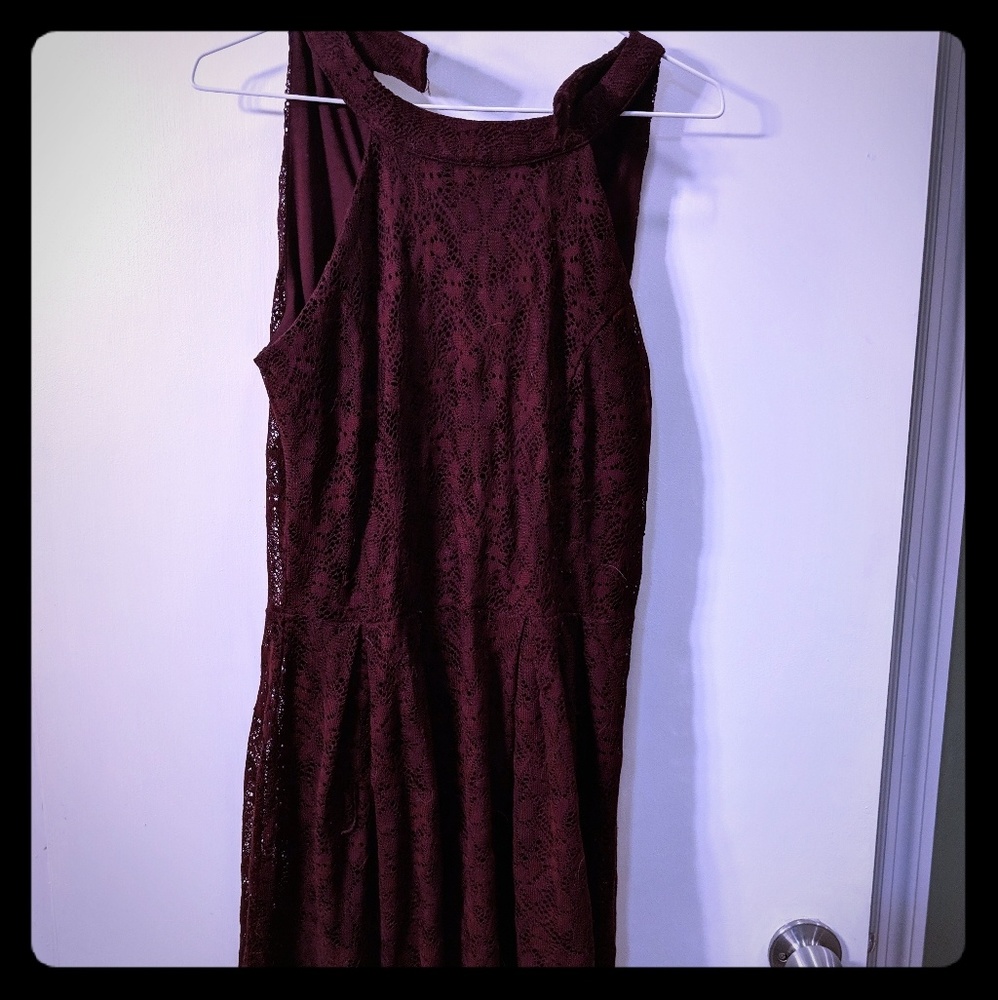 Red high halter dress